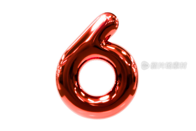 气球字体金属红色数字6由现实的氦气球，Premium 3d插图。